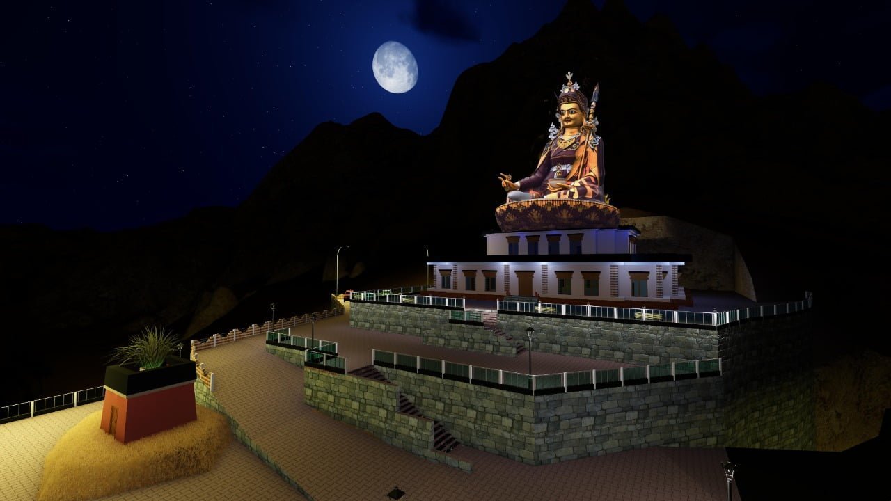 Original night-time architectural visualisation of Guru Padmasambhava